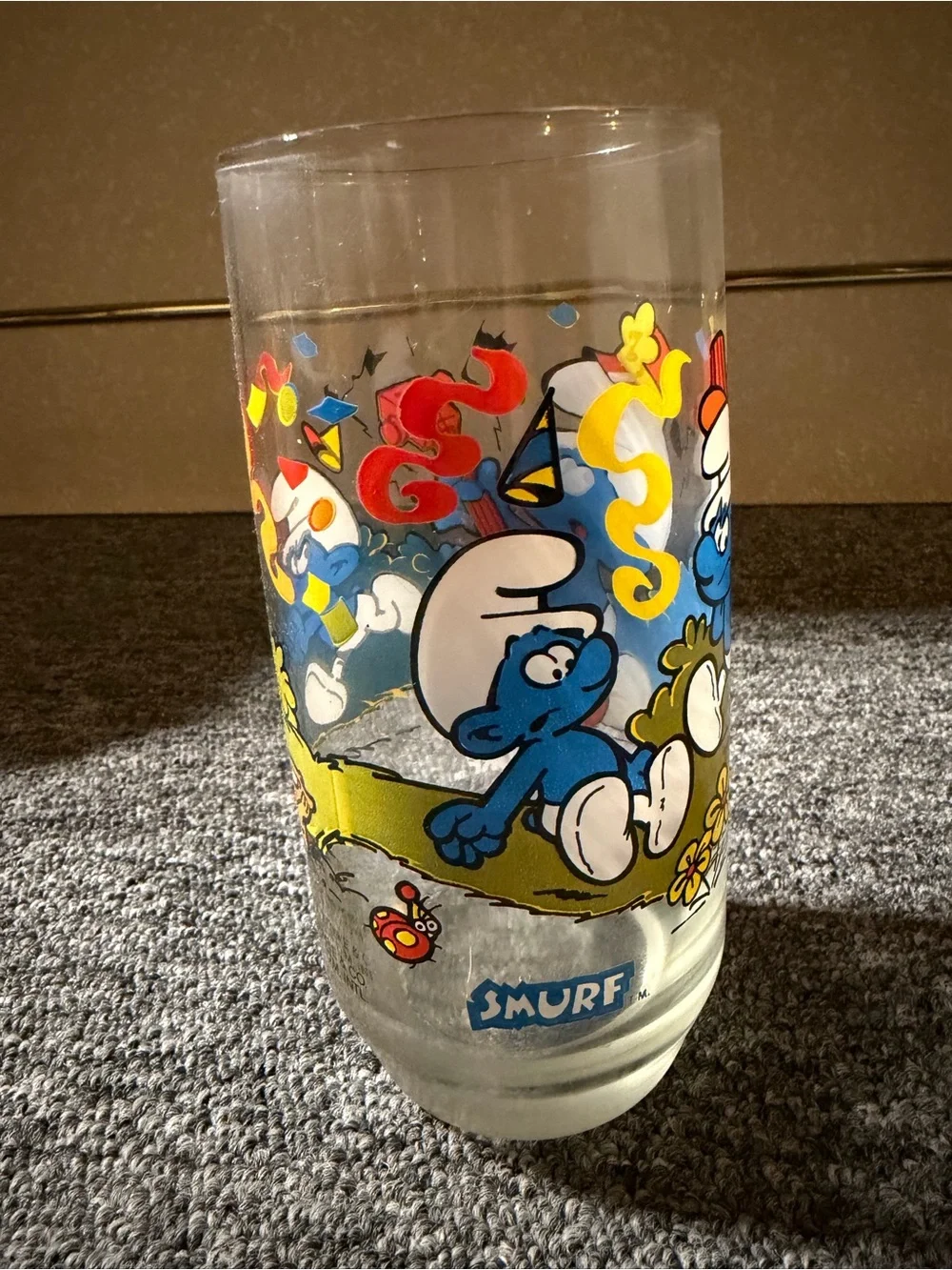 McDonald's Clear Glass Smurf Cup with Vintage 1983